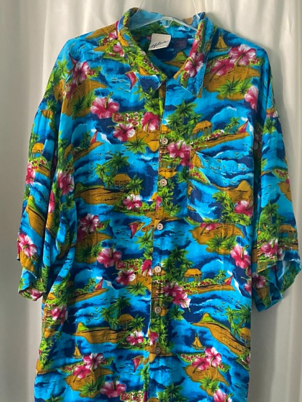 Hilton Hotels Hawaiian Shirt XL Blue Tropical Floral Rayon Aloha Camp
